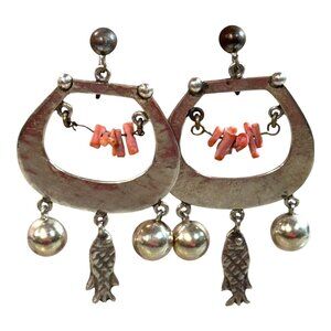 Vtg 925 Sterling Silver Clip-On Earrings Coral Beads Fish Ball Charms Souothwest